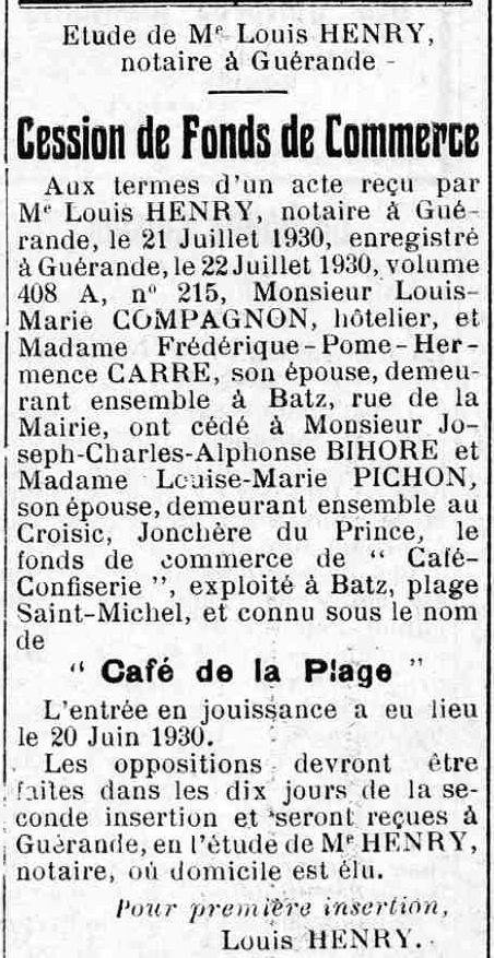 Annonce de la vente du Café de la Plage le 21 juillet 1930.