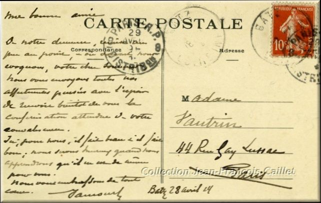 En avril 1914, Hippolyte Vaucourt s'enquiert de la santé d'une amie de Paris.