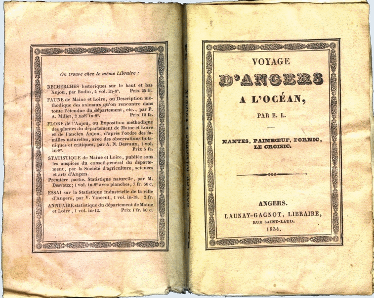 Images de la page de garde du &laquo;Voyage d&rsquo;Angers &agrave; l'Oc&eacute;an&raquo; vers 1830.